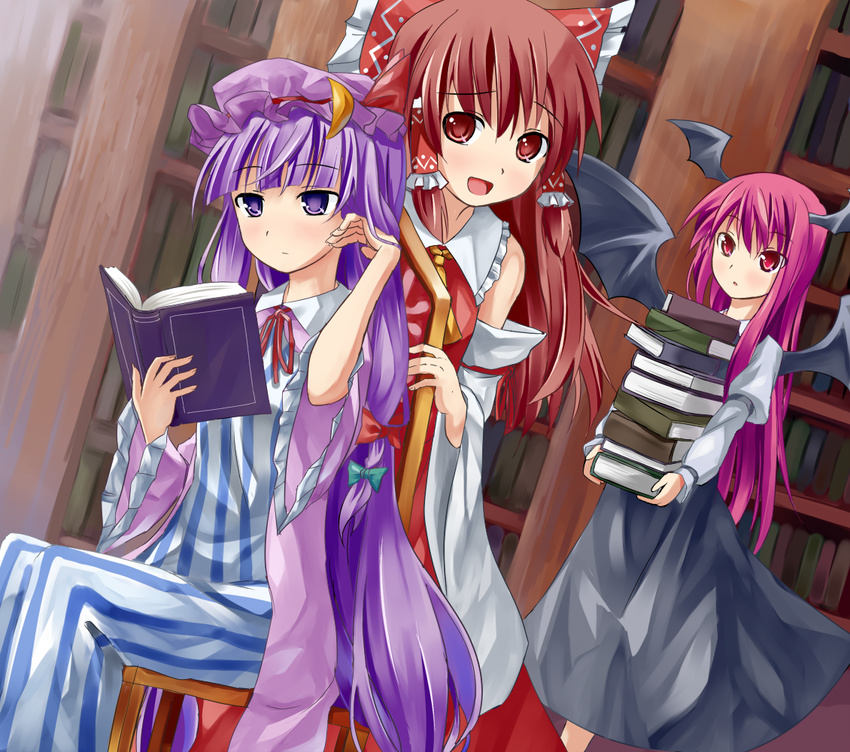:/ :d alternate_hair_length alternate_hairstyle armband ascot bangs bat_wings blunt_bangs blush book book_stack bookshelf bow brown_eyes brown_hair capelet chair collared_shirt crescent detached_sleeves dress dress_shirt dutch_angle hair_bow hair_tubes hakurei_reimu hat head_wings holding holding_book japanese_clothes juliet_sleeves koakuma large_bow library long_hair long_sleeves looking_at_another makai_no_koutaishi miko mob_cap multiple_girls open_book open_mouth patchouli_knowledge puffy_sleeves purple_eyes purple_hair reading red_eyes red_hair shirt sitting skirt smile standing striped striped_dress touhou vertical_stripes very_long_hair voile wide_sleeves wings