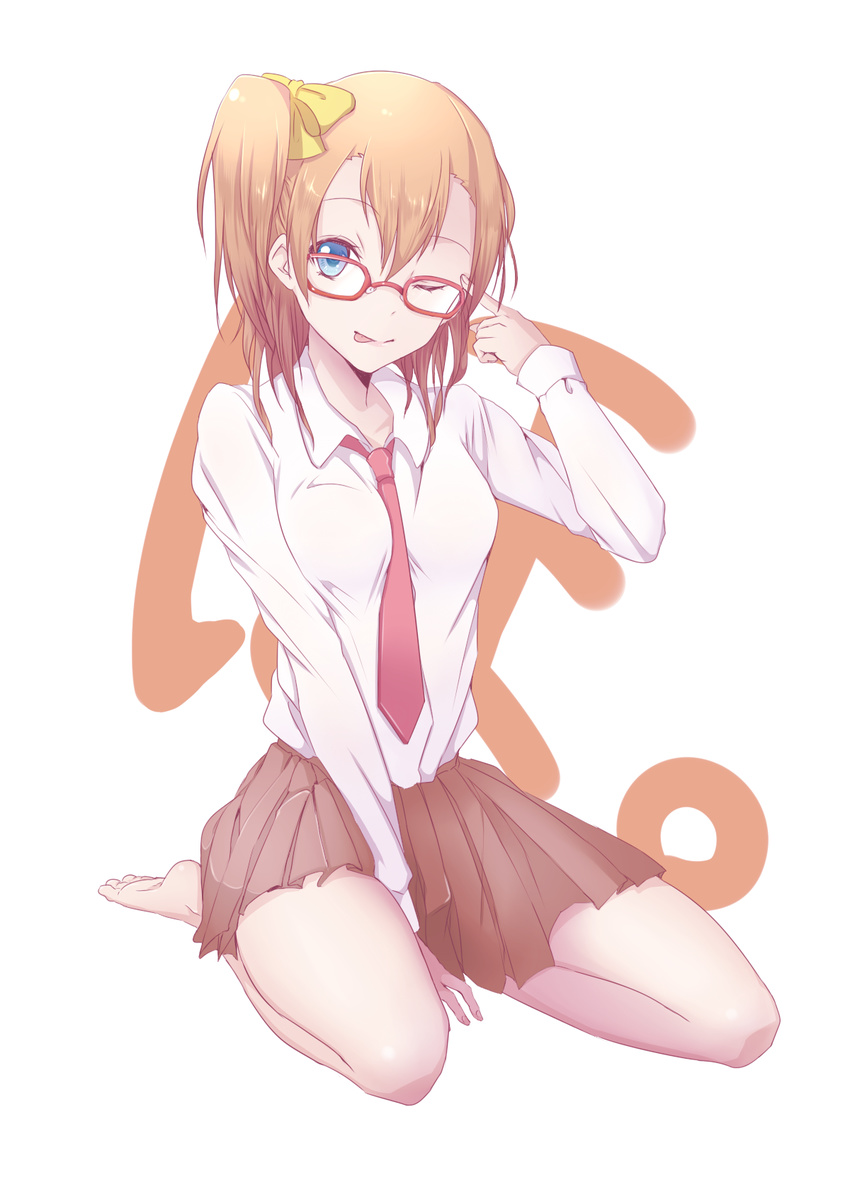 ;p bad_id bad_pixiv_id bare_legs barefoot bespectacled between_breasts between_legs blue_eyes bow breasts collared_shirt finger_to_head full_body glasses hair_bow hand_between_legs highres kousaka_honoka long_sleeves looking_at_viewer love_live! love_live!_school_idol_project necktie necktie_between_breasts one_eye_closed one_side_up orange_hair pleated_skirt pointing pointing_at_self red-framed_eyewear red_neckwear shirt simple_background sitting skirt solo tongue tongue_out touching_forehead wariza white_background white_shirt yellow_bow yurumiya_(irassyaimasi)