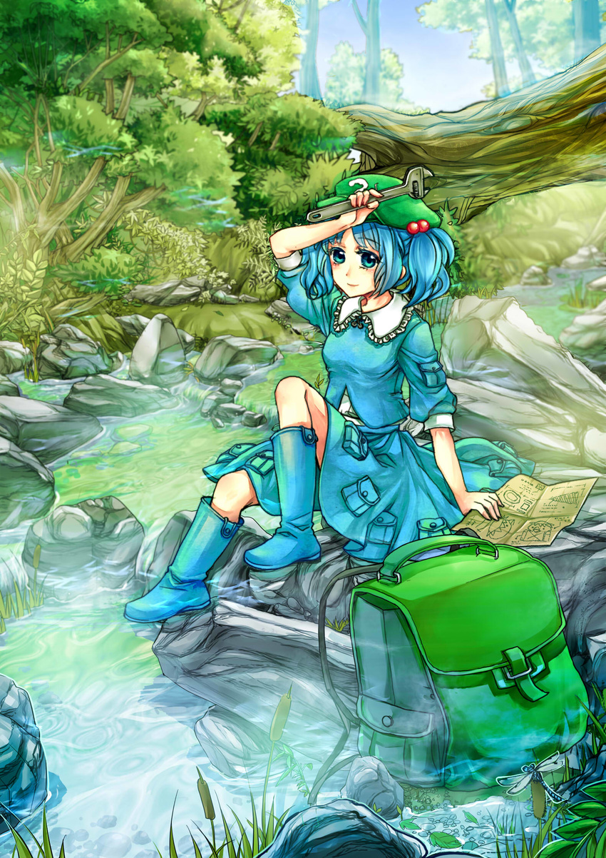 adjustable_wrench arm_on_head backpack bag blue_eyes blue_footwear blue_hair blueprint blurry boots bug cattail depth_of_field dragonfly flat_cap forest hair_bobbles hair_ornament hat highres icl insect kawashiro_nitori knee_boots light_smile looking_at_viewer nature plant rubber_boots short_hair short_sleeves sitting_on_rock skirt skirt_set solo stream touhou twintails two_side_up wrench