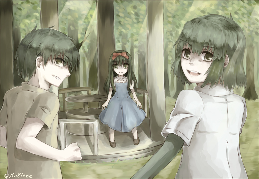 2boys black_hair bow child dress forest hair_bow looking_back mii_elene multiple_boys nanaya_shiki nature open_mouth short_hair smile toono_akiha toono_shiki toono_shiki_(2) tsukihime younger