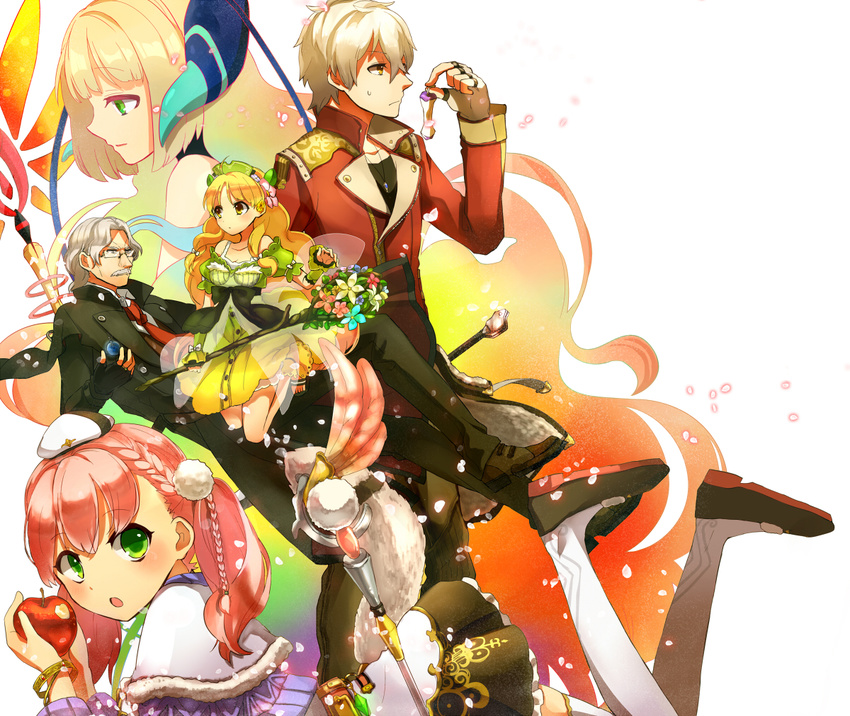 38kb_(38shiki) 3girls apple atelier_(series) atelier_ayesha atelier_escha_&amp;_logy ayesha_altugle blonde_hair escha_malier facial_hair flameu_(atelier) food fruit glasses gloves green_eyes grey_hair hair_ornament hat horns keithgrif_hazeldine logix_ficsario long_hair multiple_boys multiple_girls pink_hair short_hair staff twintails white_hair