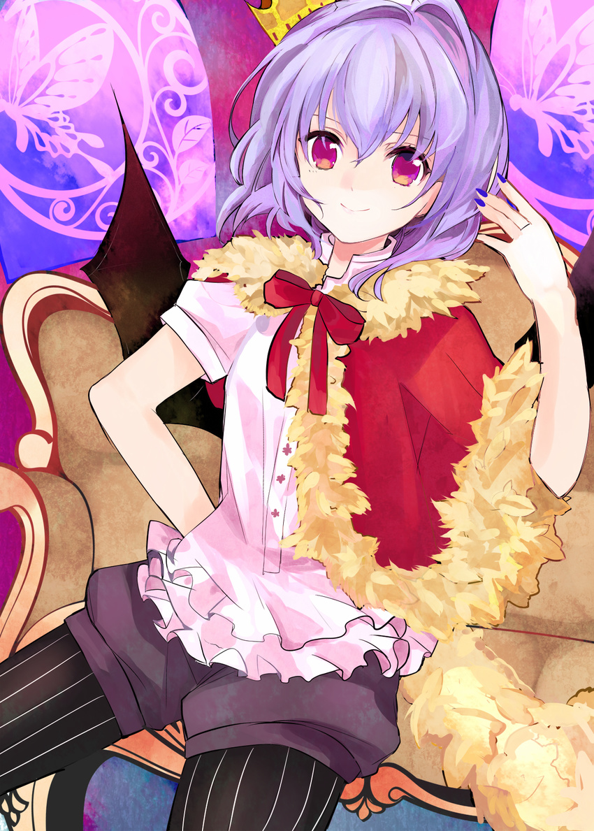 alternate_costume bat_wings capelet couch crown fur_trim highres legwear_under_shorts nail_polish pantyhose pantyhose_under_shorts pinstripe_legwear pinstripe_pattern purple_eyes purple_hair remilia_scarlet short_hair shorts siamaru sitting smile solo striped touhou wings