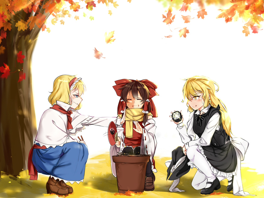 :q ^_^ alice_margatroid autumn_leaves black_legwear blonde_hair blue_eyes blush bonfire boots bow bowtie braid brown_hair capelet closed_eyes cocked_eyebrow commentary detached_sleeves dress fan fanning fish food glint grill grilling hair_bow hair_ribbon hair_tubes hairband hakurei_reimu hat hat_removed headwear_removed highres kirisame_marisa large_bow licking_lips loafers lolita_hairband long_hair mary_janes mini-hakkero multiple_girls nervous_smile pantyhose paper_fan ribbon scarf shichirin shoes short_hair single_braid sparkle sweatdrop tendo_(zhazhatiantong) tongue tongue_out touhou uchiwa white_legwear witch_hat yellow_eyes yin_yang