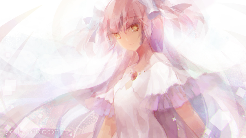 brooch brown_eyes cleavage_cutout dress highres jewelry kaname_madoka light_smile long_hair looking_at_viewer lyiet mahou_shoujo_madoka_magica pink_hair simple_background smile solo two_side_up ultimate_madoka very_long_hair watermark web_address white_background white_dress yellow_eyes