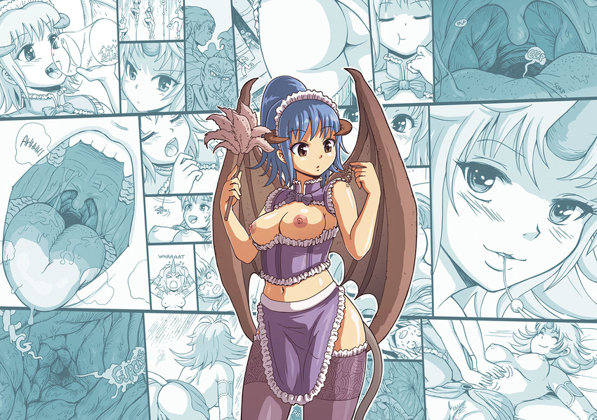 ass blue_hair blush breasts breasts_apart commentary felarya giantess horn horns inside_creature karbo lying maid medium_breasts multiple_boys multiple_girls nipples on_back open_mouth pussy smile tail thighhighs vore wings