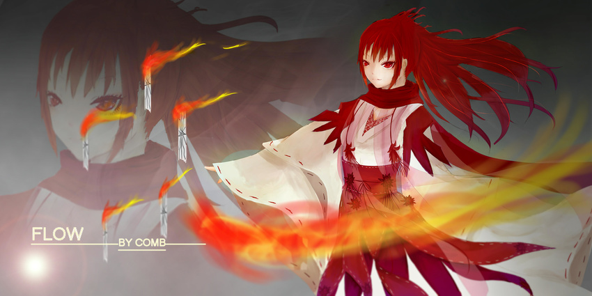 absurdres alternate_costume alternate_hairstyle artist_name burning colored_eyelashes comb_(suz) eyelashes fire flame flower hair_blowing highres japanese_clothes kimono layered_clothing lens_flare long_hair long_sleeves magic mahou_shoujo_madoka_magica miko obi ofuda outstretched_arm red_eyes red_hair red_scarf sakura_kyouko sash scarf sleeves_past_wrists solo spider_lily tassel zoom_layer