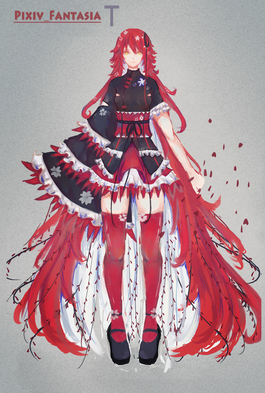 absurdly_long_hair asymmetrical_sleeves cherry_blossoms china_dress chinese_clothes comb_(suz) dress floral_print frilled_dress frills full_body grey_background hair_ribbon highres layered_dress long_hair looking_at_viewer mary_janes obi petals pixiv_fantasia pixiv_fantasia_t red_hair red_legwear ribbon sash shoe_flower shoe_strap shoes solo thighhighs very_long_hair willow yellow_eyes zettai_ryouiki