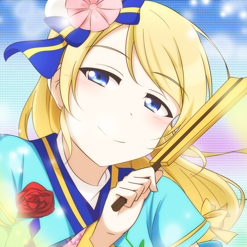 ayase_eli blonde_hair blue_eyes blush close-up commentary_request fan fate_no_keshin flower folding_fan highres japanese_clothes kimono long_hair looking_at_viewer love_live! love_live!_school_idol_project rose smile solo