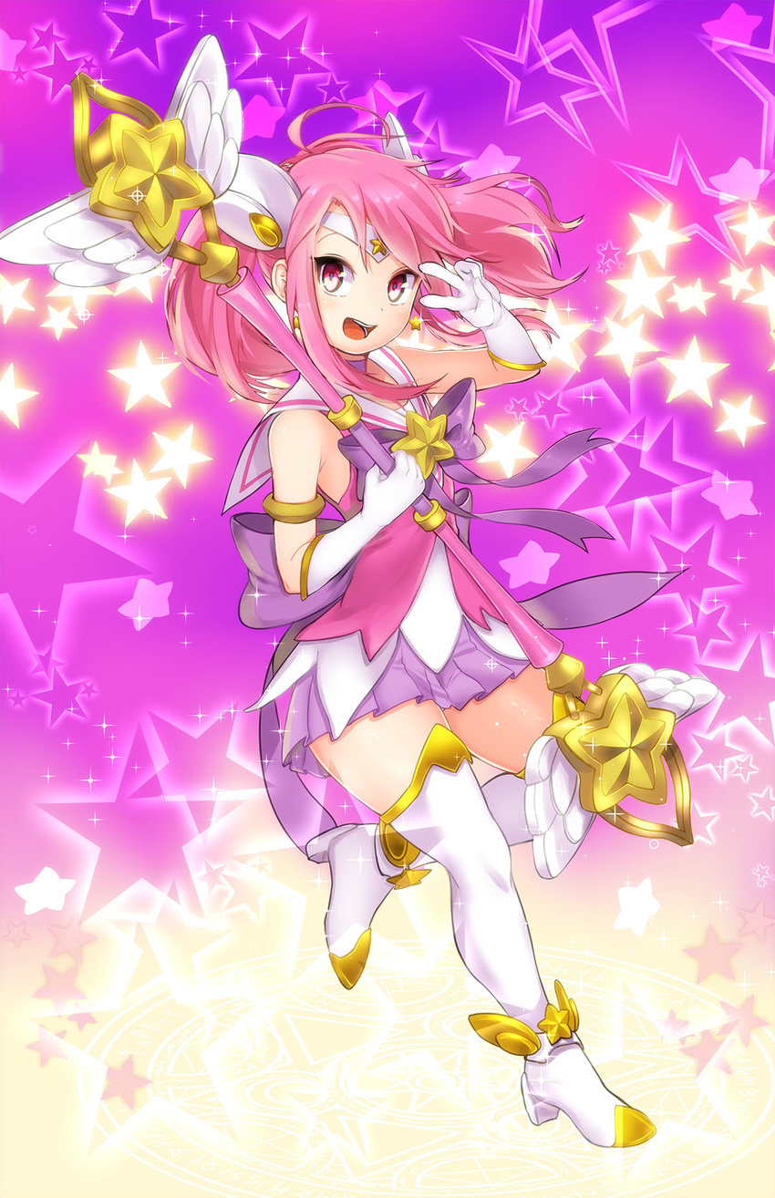 ahoge alternate_costume alternate_hair_color alternate_hairstyle ankle_wings boots choker earrings elbow_gloves flat_chest gloves hair_ornament highres jewelry league_of_legends luxanna_crownguard magic_circle magical_girl magister_(medical_whiskey) miniskirt pink_hair pleated_skirt purple_eyes sailor_collar skirt smile solo star star_earrings star_guardian_lux thigh_boots thighhighs tiara twintails v_over_eye wand white_gloves