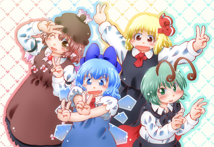 :d antennae blonde_hair blue_eyes blue_hair brown_eyes brown_hair cape cirno double_v dress fang fangs green_eyes green_hair hair_ribbon hat matty_(zuwzi) multiple_girls mystia_lorelei open_mouth outstretched_arms ribbon rumia shirt short_hair skirt smile team_9 touhou v vest wings wriggle_nightbug