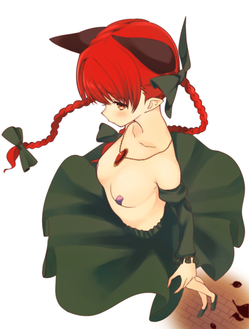 animal_ears bad_perspective bare_shoulders braid breasts cat_ears collarbone detached_sleeves extra_ears foreshortening from_above highres jewelry juliet_sleeves kaenbyou_rin long_hair long_sleeves necklace pasties pendant puffy_sleeves red_eyes red_hair skirt solo topless touhou twin_braids zuttokodomo