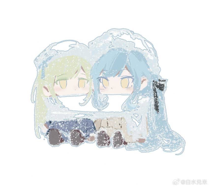 2girls baiyubyy bang_dream! bang_dream!_it's_mygo!!!!! black_ribbon blue_coat blue_hair brown_coat chibi chibi_only chinese_commentary coat commentary_request green_hair hair_ribbon highres long_hair multiple_girls ribbon scarf shared_clothes shared_scarf snow togawa_sakiko wakaba_mutsumi yellow_eyes
