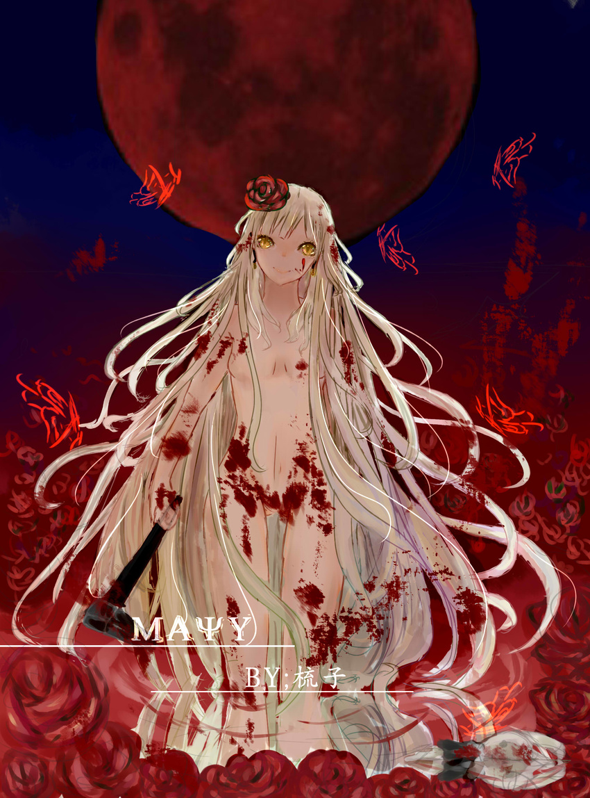 absurdly_long_hair absurdres artist_name axe bag blonde_hair blood blood_censor blood_on_breasts blood_on_face blood_splatter bloody_hair bloody_hands breasts bug butterfly character_name comb_(suz) earrings flower glowing_butterfly hair_flower hair_ornament head_tilt highres holding holding_weapon in_water insect jewelry long_hair looking_at_viewer mayu_(vocaloid) moon night nude red_moon reflection ripples rose severed_head small_breasts smile solo standing very_long_hair vocaloid weapon yellow_eyes