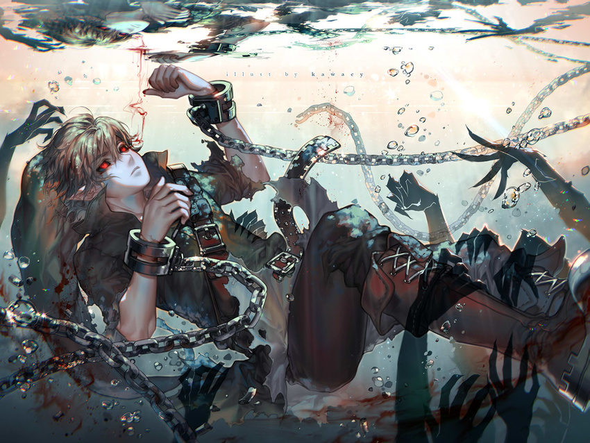air_bubble asphyxiation belt ben_drowned black_skin blonde_hair blood boots broken bubble buckle chain clenched_hand closed_mouth creepypasta cross-laced_footwear drowning frown hands kawacy lace-up_boots legs_grab link male_focus pointy_ears red_eyes solo submerged the_legend_of_zelda the_legend_of_zelda:_majora's_mask torn_clothes underwater wrist_cuffs
