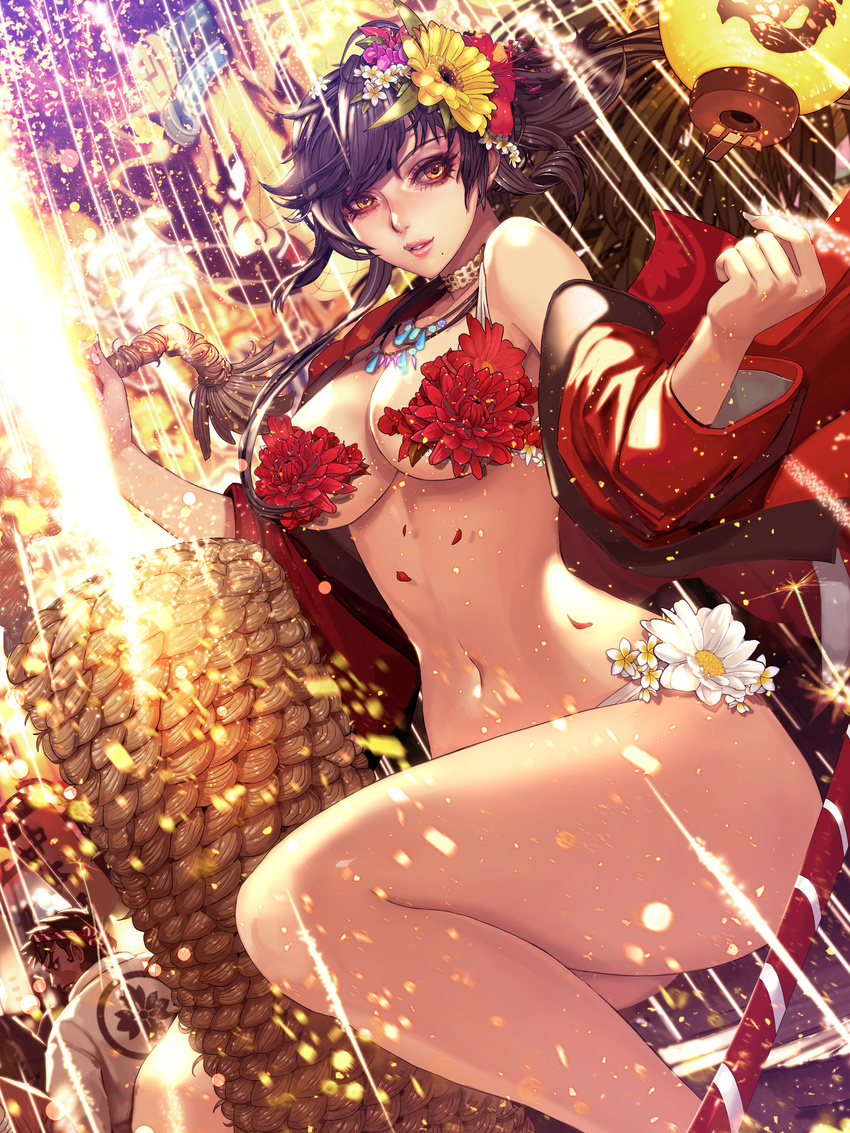 absurdres breasts brown_eyes brown_hair flower furyou_michi_~gang_road~ hair_flower hair_ornament highres large_breasts light_smile lips long_hair looking_at_viewer mole mole_under_mouth navel original smile solo thighs underboob xaxak