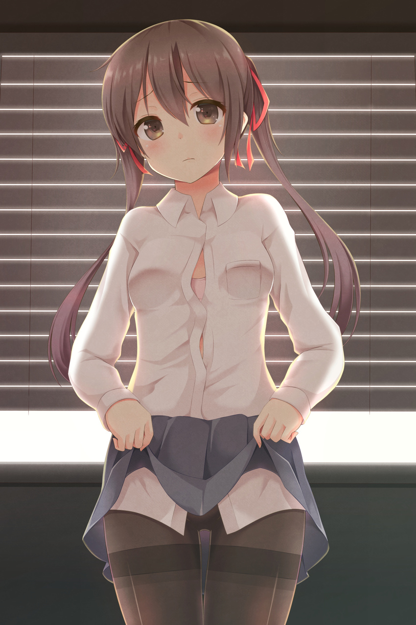 aibumi black_legwear blinds blue_skirt blush bow breast_pocket brown_eyes brown_hair collared_shirt commentary_request hair_between_eyes hair_bow highres long_hair original pantyhose pleated_skirt pocket shirt skirt skirt_lift solo thigh_gap thighband_pantyhose twintails white_shirt