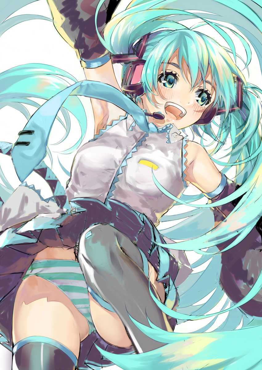 armpits blush detached_sleeves green_eyes green_hair hatsune_miku headset highres long_hair microphone necktie open_mouth panties skindentation skirt solo striped striped_panties teeth thighhighs thighs tongue underwear upskirt vocaloid yana_mori