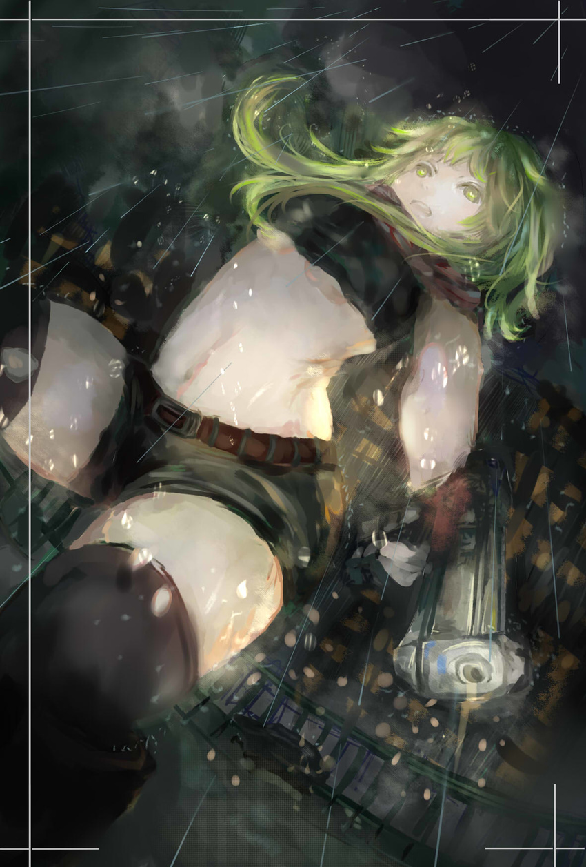 alternate_costume belt black_legwear boots border breasts building city cloud cloudy_sky comb_(suz) crop_top dark from_below green_eyes green_hair gumi gun highres holding holding_gun holding_weapon long_hair medium_breasts midriff navel night overcast rain shorts sidelocks sky solo thighhighs thighs underboob vocaloid water_drop weapon weapon_request