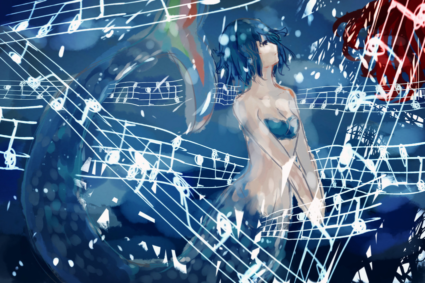 bandeau blue_hair comb_(suz) hands_together highres long_hair mahou_shoujo_madoka_magica mermaid miki_sayaka monster_girl musical_note red_hair scales solo_focus underwater