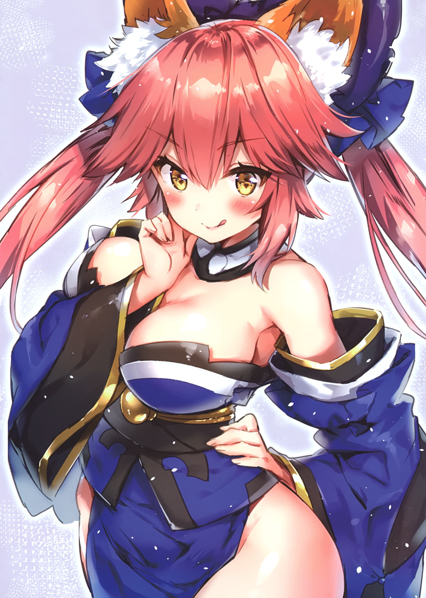 1girl :q absurdres bangs bare_shoulders between_breasts bow breasts cleavage cowboy_shot detached_sleeves eyebrows_visible_through_hair fate/extra fate_(series) fingernails hair_between_eyes hair_bow hand_between_breasts hand_on_hip hand_on_own_chin highres japanese_clothes kimono large_breasts long_hair looking_at_viewer obi pelvic_curtain pink_hair riichu sash scan shiny shiny_hair shiny_skin side_slit simple_background sleeveless sleeveless_kimono smile solo tamamo_(fate)_(all) tamamo_no_mae_(fate) thighhighs tongue tongue_out twintails wide_sleeves yellow_eyes