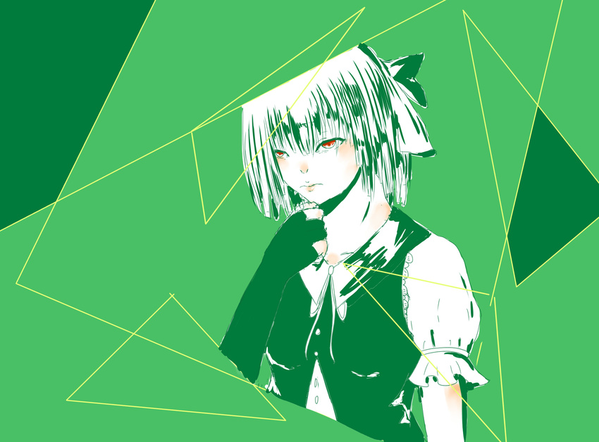 bangs black_gloves blunt_bangs bow comb_(suz) elbow_gloves gloves green_background hair_bow hand_on_own_chin highres konpaku_youmu limited_palette lips partly_fingerless_gloves red_eyes shapes shirt single_glove solo spot_color touhou upper_body vest white_hair white_shirt