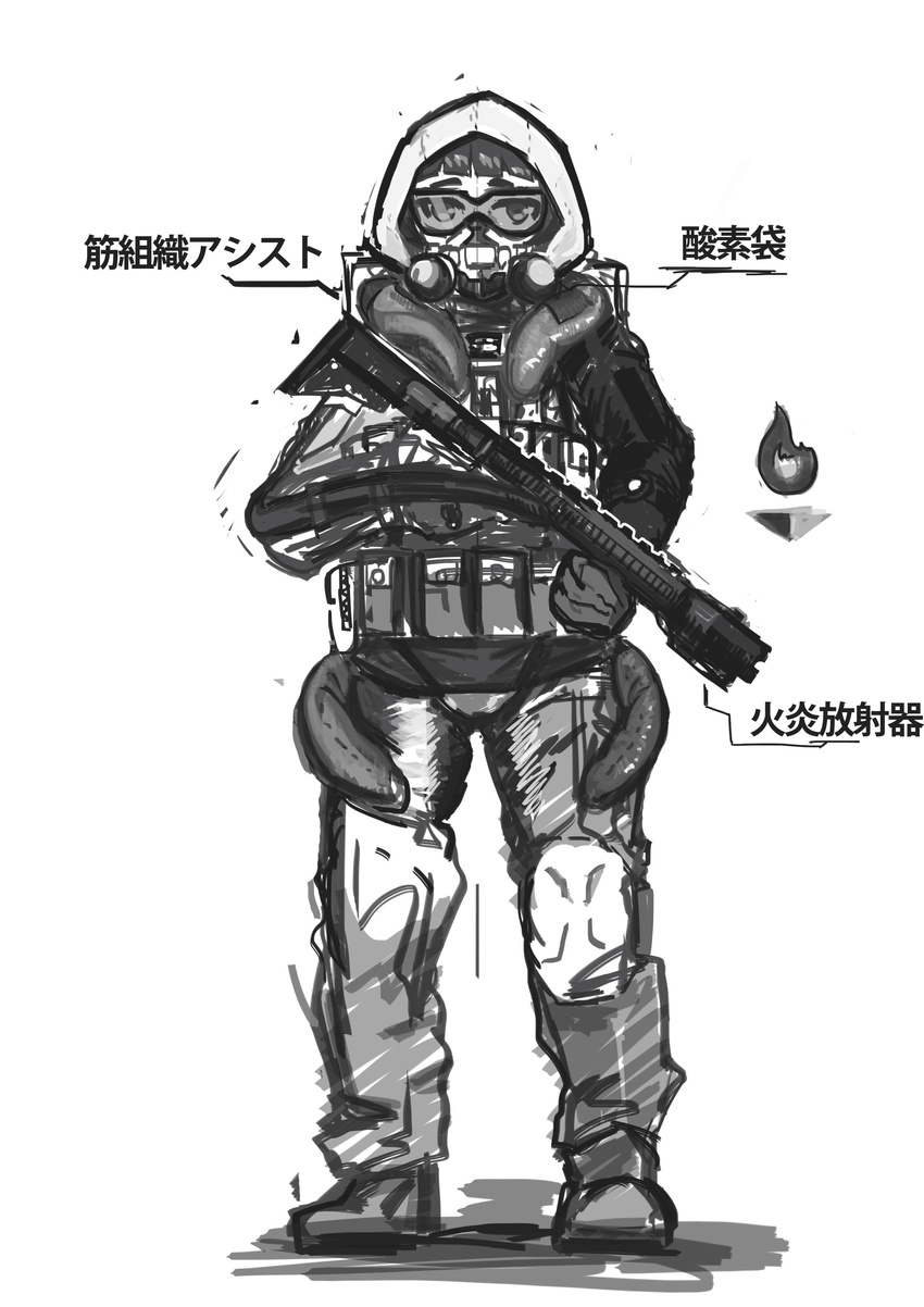 absurdres bangs blunt_bangs boots commentary_request flamethrower full_body gas_mask greyscale highres hood knee_pads label load_bearing_vest military monochrome original sketch solo standing translation_request trigger_discipline visor weapon yakitate_acguy