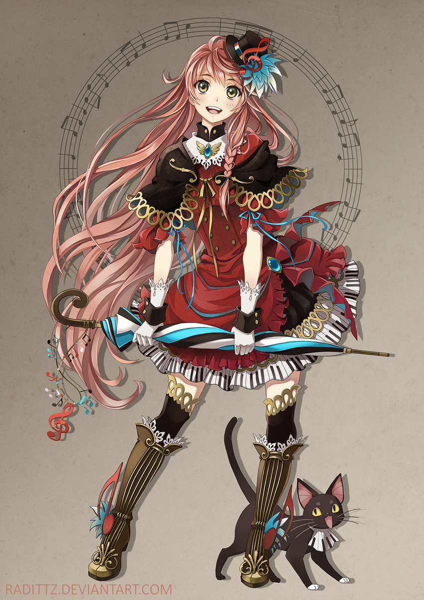 :d animal_ears artist_name beamed_eighth_notes boots bow braid brown_background brown_hair cat closed_umbrella dress eighth_note full_body gem gloves green_eyes hat highres jewelry knee_boots long_hair looking_at_viewer musical_note musical_note_print open_mouth original piano_print puffy_short_sleeves puffy_sleeves quarter_note radittz red_dress ribbon sapphire_(stone) short_sleeves side_braid simple_background single_braid smile solo standing thighhighs umbrella very_long_hair watermark web_address white_gloves zettai_ryouiki