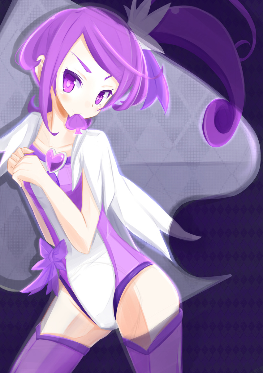 argyle argyle_background bow cowboy_shot cure_sword curly_hair dokidoki!_precure dorasan highres kenzaki_makoto leotard magical_girl mouth_hold ponytail precure purple purple_background purple_bow purple_eyes purple_hair purple_legwear purple_leotard short_hair solo spade_(shape) standing thighhighs white_leotard