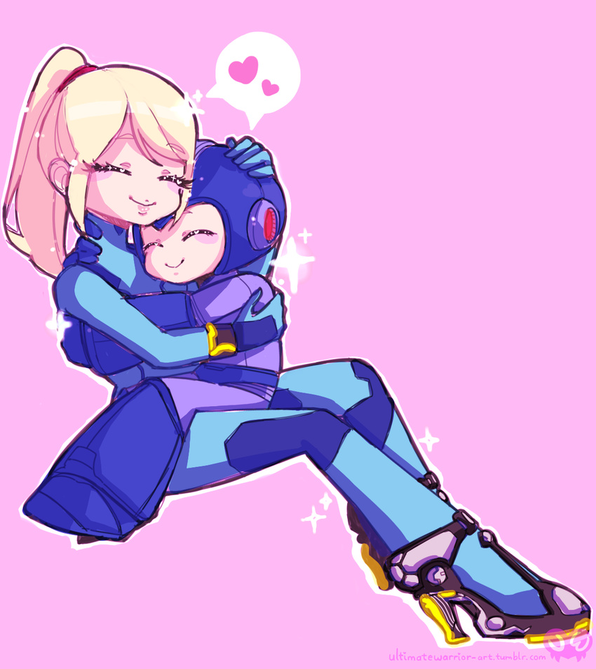 1girl android armor bangs blonde_hair blush bodysuit bracer closed_eyes couple eyelashes from_side full_body gauntlets gloves glowing greaves hair_tie happy heart helmet hetero high_heels high_ponytail highres hug light_smile long_hair metroid neon_trim outline parted_bangs pink_background ponytail rockman rockman_(character) samus_aran sidelocks simple_background sitting sitting_on_lap sitting_on_person size_difference smile sparkle speech_bubble spoken_heart super_smash_bros. swept_bangs turtleneck ultimatewarrior watermark web_address zero_suit