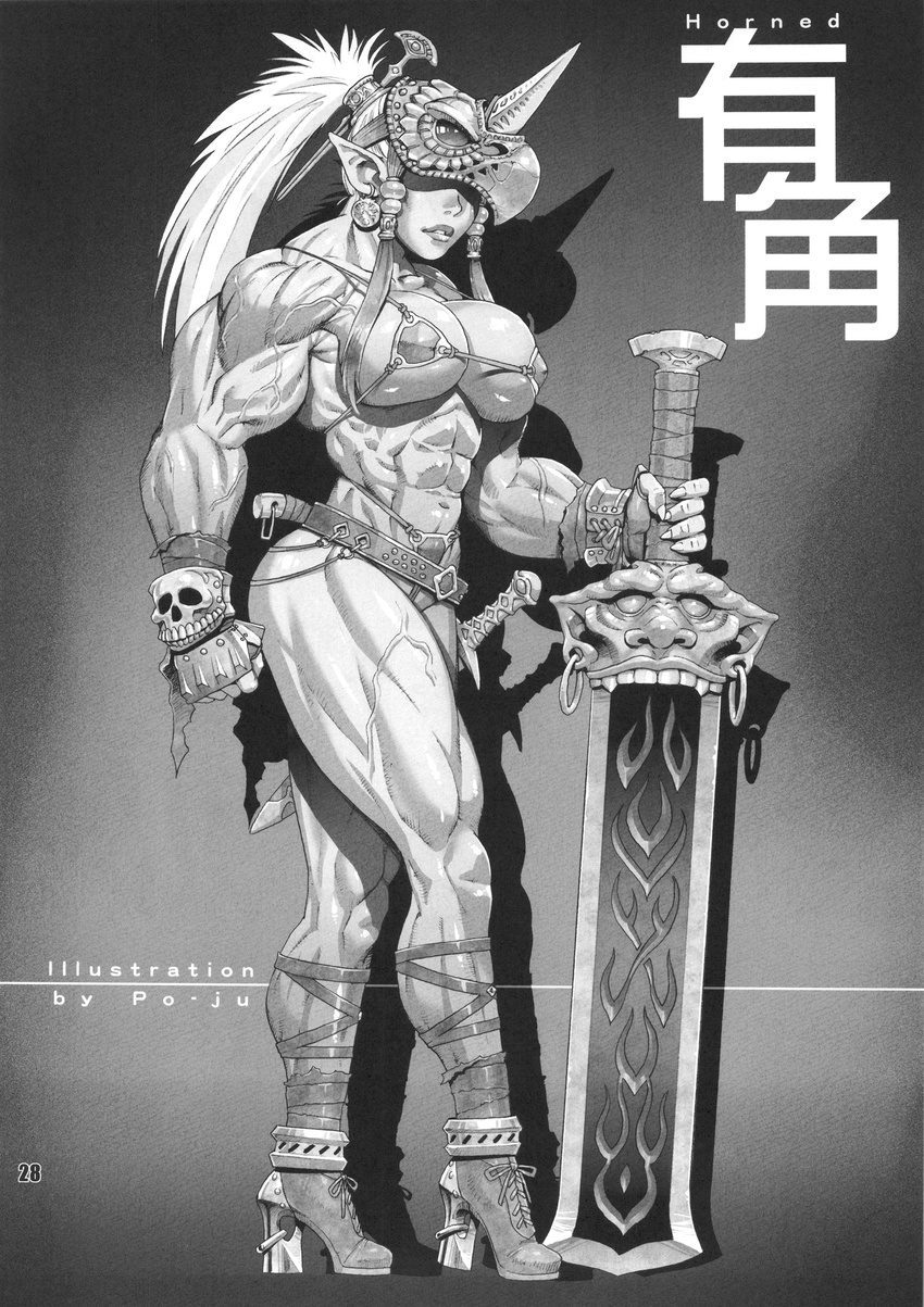 abs absurdres armor bikini_armor breasts fingerless_gloves gloves greyscale hand_on_hilt high_heels highres large_breasts lips monochrome muscle muscular_female po-ju pointy_ears ponytail skull solo sword veins visor_(armor) weapon