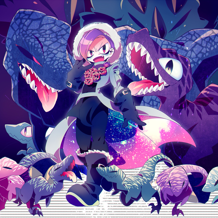 black_gloves boots dinosaur doctor_ferdinand fang flower full_body gloves highres hood jojo_no_kimyou_na_bouken male_focus open_mouth purple_hair red_eyes rose scary_monsters_(stand) sharp_teeth sizma smile stand_(jojo) steel_ball_run teeth tongue tongue_out