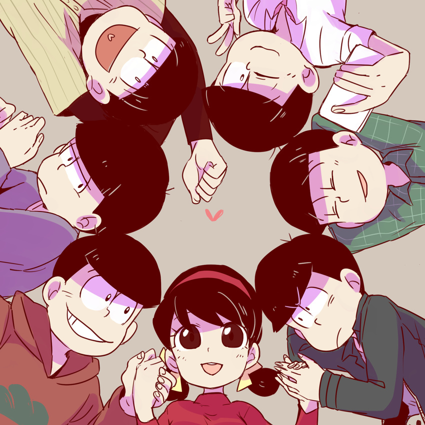 6+boys ;3 alto168 bad_id bad_pixiv_id baseball_uniform black_hair bowl_cut brothers flannel grey_background hairband heart heart_in_mouth highres holding_hands hood hoodie low_twintails matsuno_choromatsu matsuno_ichimatsu matsuno_juushimatsu matsuno_karamatsu matsuno_osomatsu matsuno_todomatsu multiple_boys one_eye_closed osomatsu-kun osomatsu-san plaid self_shot sextuplets short_twintails siblings simple_background smile sportswear turtleneck twintails upper_body v yowai_totoko