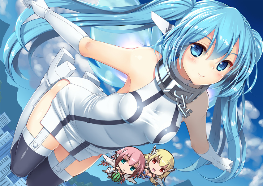 :d akidenmania android angel_wings astraea black_legwear blonde_hair blue_eyes blue_hair blue_sky boots breasts building chain chibi cloud collar day flying food frown fruit garter_straps gloves highres ikaros knee_boots long_hair looking_at_viewer medium_breasts multiple_girls nymph_(sora_no_otoshimono) open_mouth outdoors outstretched_arms red_eyes robot_ears side_slit sky sleeveless smile solo_focus sora_no_otoshimono spread_arms taut_clothes thighhighs twintails very_long_hair watermelon white_footwear white_gloves wings