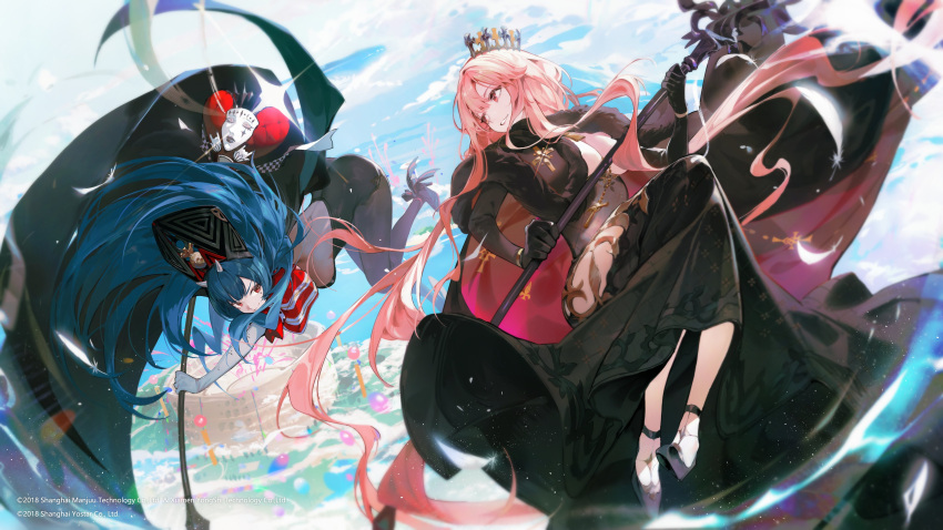 2girls \m/ absurdres azur_lane black_dress black_footwear black_gloves black_pantyhose blue_hair breasts clemenceau_(azur_lane) cloud cross cross_necklace crown double_\m/ dress facial_mark gloves highres holding holding_staff horns jewelry kawa683 large_breasts long_hair long_sleeves marco_polo_(azur_lane) multiple_girls necklace official_art outdoors pantyhose pink_hair red_eyes sparkle staff very_long_hair