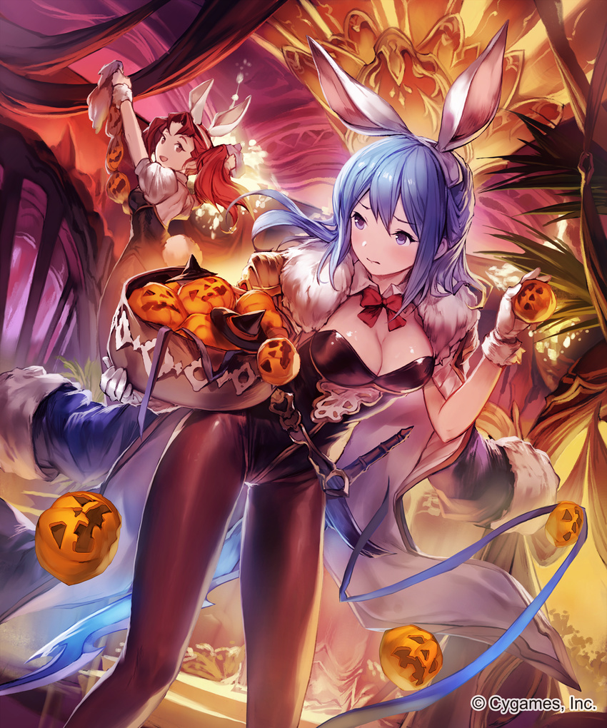 :d animal_ears bad_id bad_pixiv_id blue_eyes blue_hair blush bow bowtie breasts brown_hair bunny_ears bunnysuit cape cleavage detached_collar epaulettes fake_animal_ears fur_trim garland_(decoration) granblue_fantasy halloween highres jack-o'-lantern lee_hyeseung leotard long_hair looking_at_viewer looking_back medium_breasts multiple_girls official_art open_mouth pantyhose pumpkin red_hair shingeki_no_bahamut smile standing sword therese_(granblue_fantasy) twintails wavy_mouth weapon