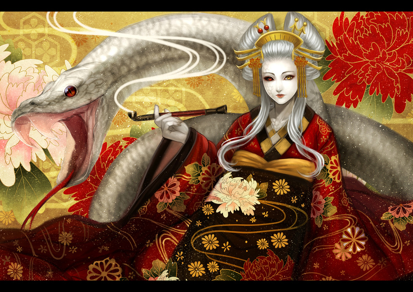 black_sclera comb floral_background floral_print flower furisode hair_ornament hair_stick heterochromia holding japanese_clothes kimono kiseru letterboxed lipstick long_hair looking_at_viewer makeup obi oiran original pale_skin peony_(flower) pipe red_eyes sash scales silver_hair sitting smoke snake solo syu_kamiya wide_sleeves yellow_eyes