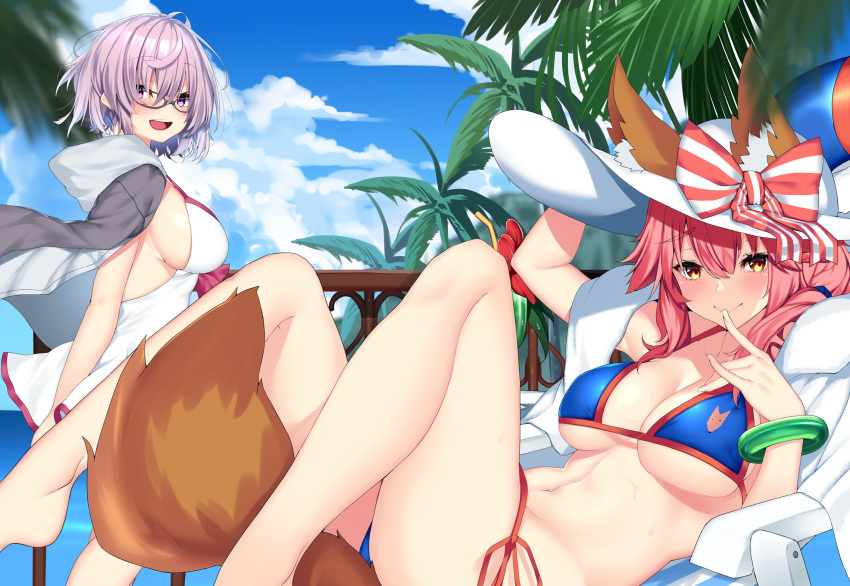 2girls animal_ears bangs bare_shoulders beach beach_chair bikini blue_bikini blue_sky blush bow bracelet breasts cleavage closed_mouth collarbone dress_swimsuit ears_through_headwear fate/extra fate/grand_order fate_(series) fox_ears fox_tail glasses grey_jacket hair_between_eyes hair_over_one_eye hat highres innertube jacket jewelry knees_up large_breasts lavender_hair legs long_hair looking_at_viewer mash_kyrielight multiple_girls navel nebusoku open_clothes open_jacket open_mouth palm_tree pink_hair purple_eyes short_hair sideboob sidelocks sitting sky smile striped striped_bow sun_hat swimsuit swimsuit_of_perpetual_summer tail tamamo_(fate)_(all) tamamo_no_mae_(swimsuit_lancer)_(fate) thighs tree white_swimsuit yellow_eyes