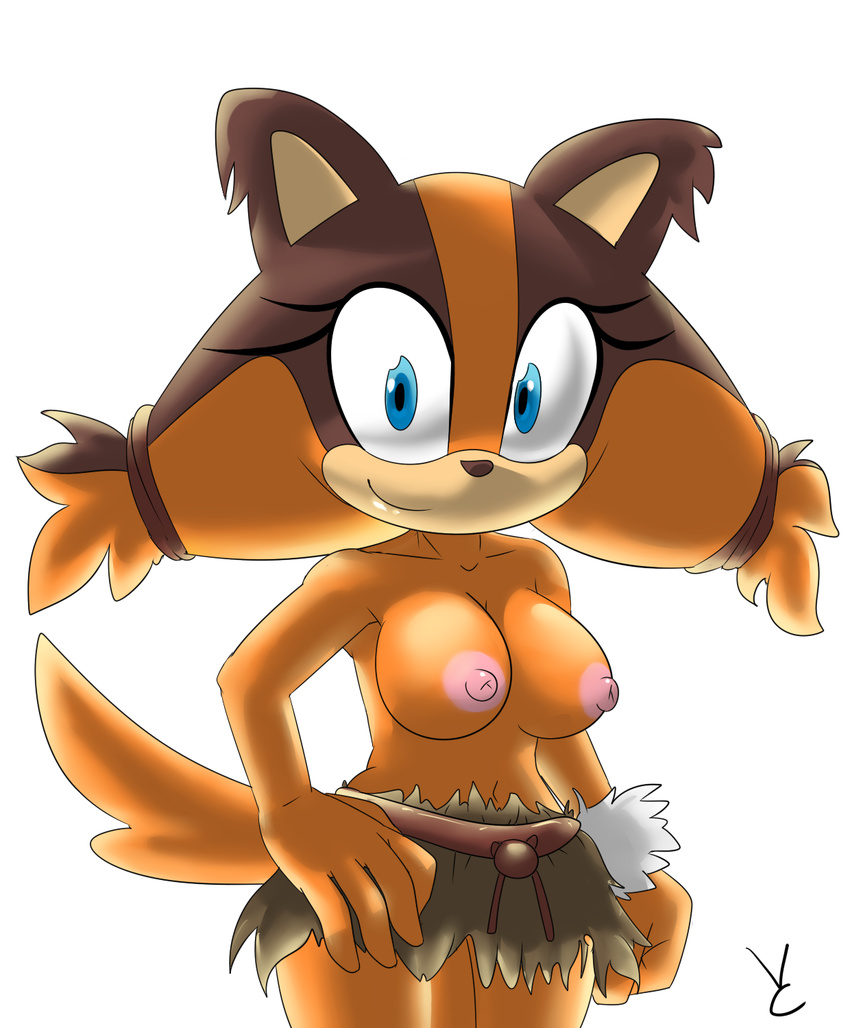 2015 badger breasts clothed clothing female fur hair looking_at_viewer mammal mustelid nipples smile solo sonic_(series) sonic_boom sticks sticks_the_jungle_badger video_games virate-chip