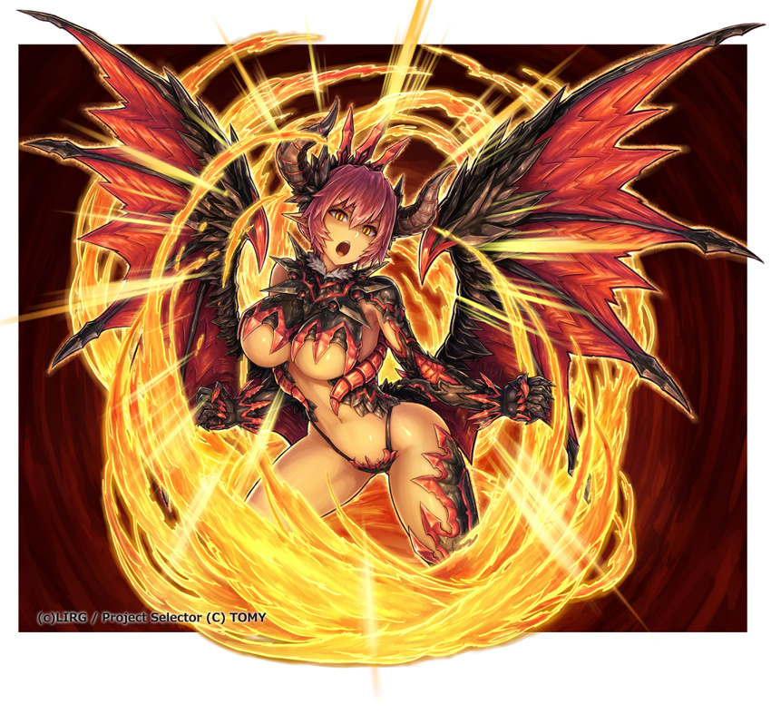 breasts clenched_hands dark_skin demon_girl fire horns huge_breasts navel official_art open_mouth pointy_ears red_hair ros solo thighhighs underboob wings wixoss yellow_eyes