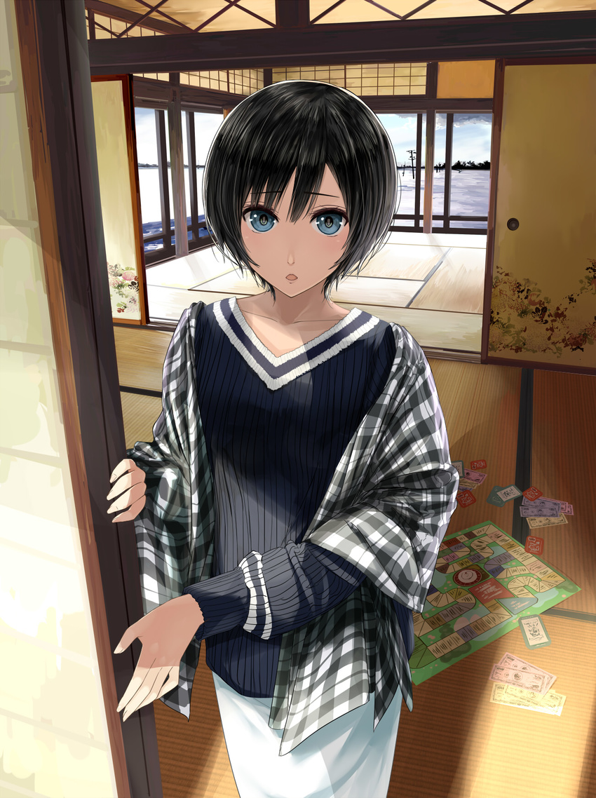 :o black_hair black_shirt blue_eyes blue_sky board_game card checkered chef_no_kimagure_salad chestnut_mouth collarbone cowboy_shot haunted_campus highres indoors jacket long_sleeves nada_koyomi open_clothes open_jacket parted_lips pole shirt short_hair sky sliding_doors snow solo winter