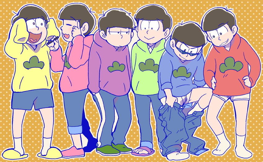 :&gt; :3 black_hair briefs brothers closed_eyes commentary_request hands_in_pockets hands_on_hips heart heart_in_mouth hood hoodie index_finger_raised male_focus male_underwear matsu_symbol matsuno_choromatsu matsuno_ichimatsu matsuno_juushimatsu matsuno_karamatsu matsuno_osomatsu matsuno_todomatsu messy_hair multiple_boys no_pants nrnk osomatsu-kun osomatsu-san pen polka_dot polka_dot_background sandals sextuplets siblings sleeves_past_wrists smile socks underwear undressing wall-eyed