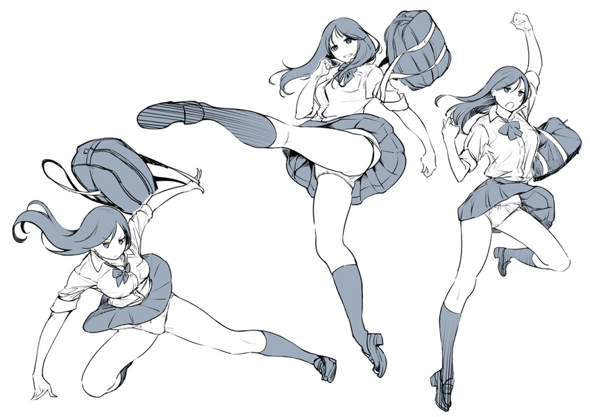 bag character_sheet greyscale kicking kneehighs loafers long_hair looking_at_viewer monochrome multiple_views open_mouth original panties pleated_skirt ribbon school_bag school_uniform shoes simple_background skirt smile twinpoo underwear white_background
