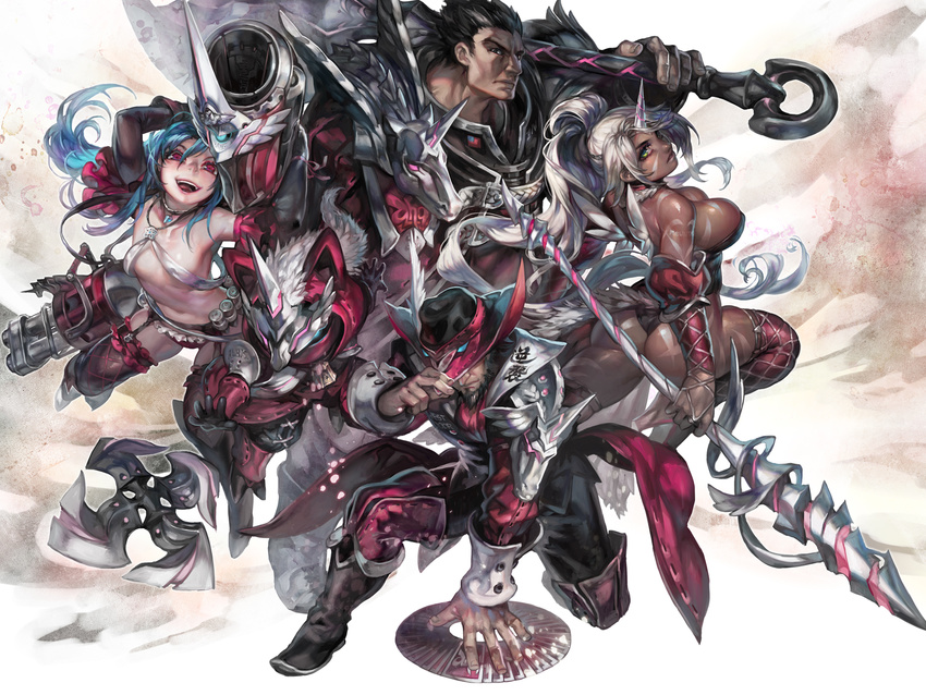 3boys adjusting_clothes adjusting_hat alternate_costume aoin ass axe beard black_gloves black_hair blue_hair breasts card cleavage commentary darius_(league_of_legends) facial_hair flat_chest gatling_gun gloves gun hat highres horn jinx_(league_of_legends) kennen large_breasts league_of_legends minigun multiple_boys multiple_girls nidalee over_shoulder playing_card polearm red_eyes shuriken smile spear tattoo thighs twisted_fate weapon white_hair