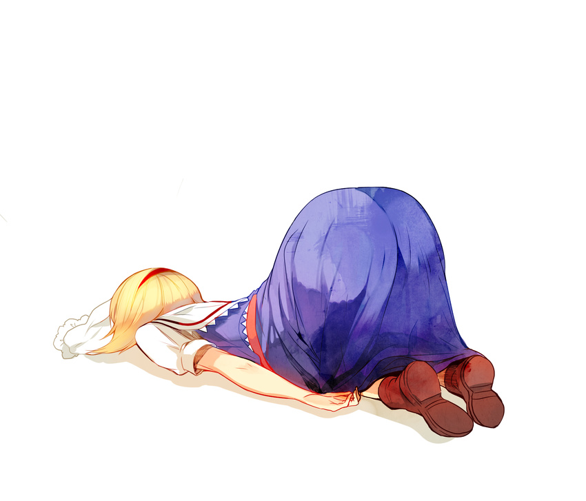 alice_margatroid ass blonde_hair buruma capelet commentary_request dress full_body hairband highres shoes short_hair simple_background solo top-down_bottom-up touhou tsukimoto_aoi underwear white_background