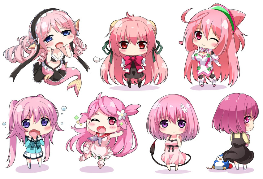 :o ;) ;o blue_eyes blush breasts chibi cleavage color_connection demon_tail dress eco_(dragonar) elbow_gloves fantasista_doll from_behind full_body gloves hacka_doll hacka_doll_2 hair_color_connection head_fins heart long_hair looking_at_viewer looking_back lovely_x_cation_2 maid_headdress mawaru_penguindrum medium_breasts mermaid meroune_lorelei minamon_(vittel221) momo_velia_deviluke monster_girl monster_musume_no_iru_nichijou multiple_girls nirasaki_hinata oginome_momoka one_eye_closed open_mouth pink pink_eyes pink_hair pointy_ears purple_eyes red_eyes scales school_uniform seikoku_no_dragonar serafuku shimeji_(fantasista_doll) short_hair shorts shorts_under_dress side_ponytail side_slit simple_background skirt smile tail thighhighs to_love-ru trait_connection twintails wavy_mouth white_background