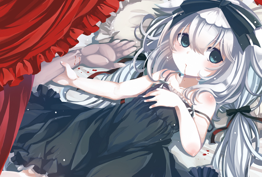 1girl arm_grab bad_id bad_pixiv_id bed bite_mark black_dress blood blood_drip blood_in_mouth blue_eyes bow child dress highres long_hair looking_at_viewer lying on_back original pillow ribbon shiro_yurine silver_hair strap_slip twintails vampire very_long_hair