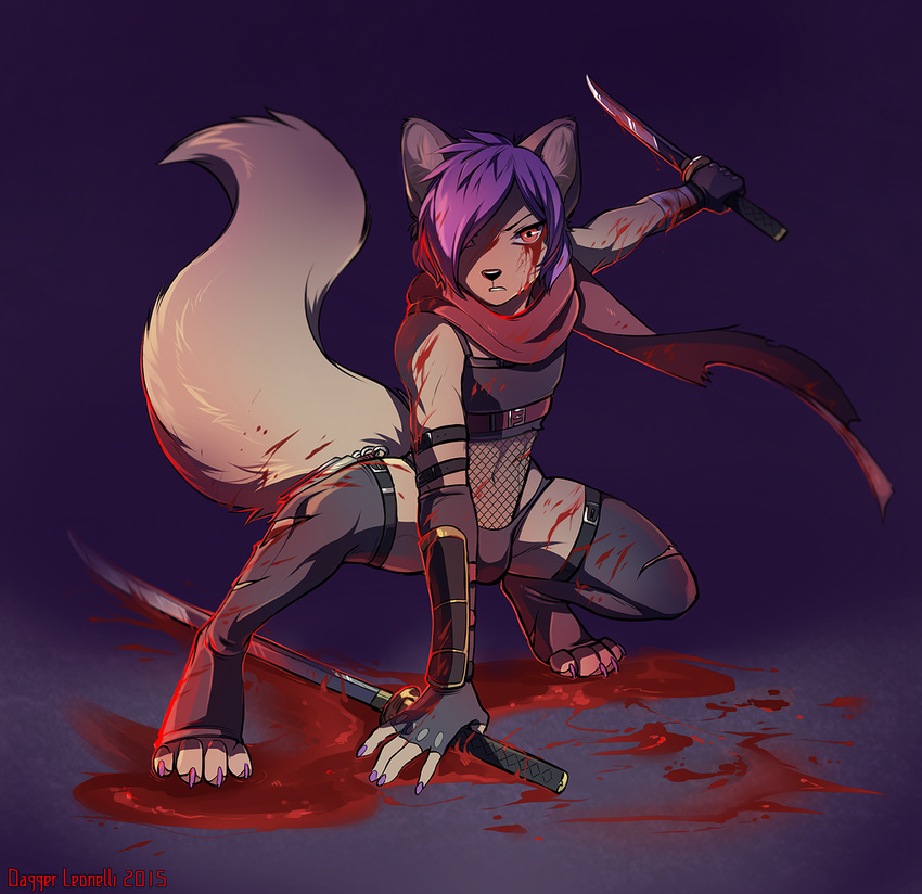 armor bandage battle_pose battle_stance belt black_nose blade blood blood_splatters blood_stains brown_fur buckles bulge canine claws clothed clothing dagger_leonelli dynamic_pose fenix fenix-fox fishnet fox fur girly gloves gore gradient_background hair katana kunai leather legwear looking_at_viewer male mammal melee_weapon pinup pose purple_hair red_eyes rubber scarf simple_background solo straps sword thigh_highs weapon