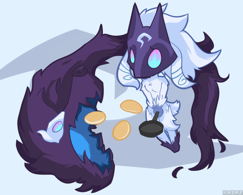 2015 ambiguous_gender anthro black_fur blue_eyes canine caprine digitigrade duo food frying_pan fur hair kaiponi_(artist) kindred_(lol) lamb_(lol) league_of_legends mammal mask open_mouth pancake sheep simple_background spirit video_games white_fur wolf wolf_(lol)