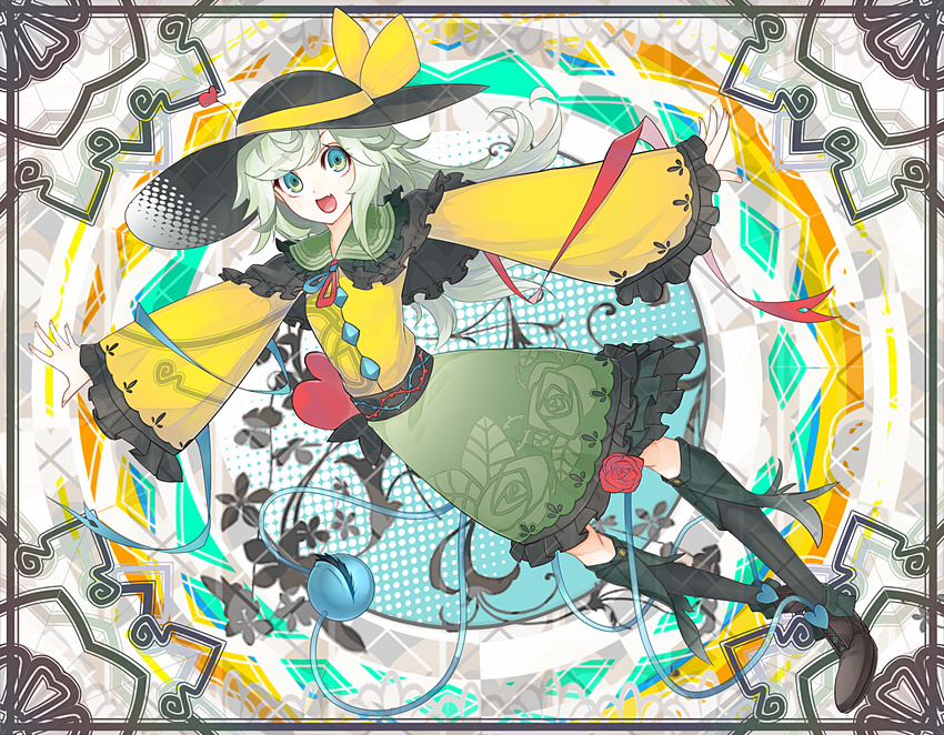 border green_eyes green_hair hat hat_ribbon heart heart_of_string komeiji_koishi kusakanmuri long_hair open_mouth ribbon short_hair skirt smile solo third_eye touhou