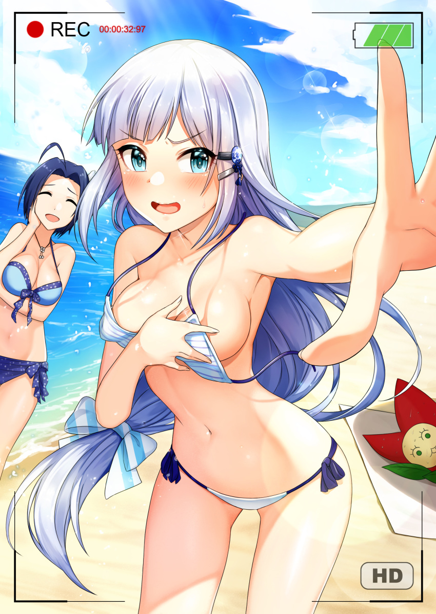 2girls absurdres ahoge bangs bare_shoulders bikini blue_bikini blue_eyes blue_hair blue_sky blush breast_hold breasts cleavage collarbone commentary_request covering covering_breasts day eyes_closed hair_ornament hairclip highres idolmaster idolmaster_(classic) idolmaster_million_live! idolmaster_million_live!_theater_days jai_(whany1998) jewelry large_breasts long_hair looking_at_viewer medium_breasts miura_azusa multiple_girls necklace ocean open_mouth outstretched_arm parted_bangs recording shiraishi_tsumugi short_hair silver_hair sky smile striped striped_bikini sunlight swimsuit wardrobe_malfunction white_bikini